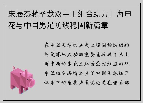 朱辰杰蒋圣龙双中卫组合助力上海申花与中国男足防线稳固新篇章 朱辰杰蒋圣龙双中卫组合助力上海申花与中国男足防线稳固新篇章