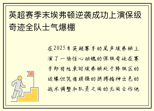 英超赛季末埃弗顿逆袭成功上演保级奇迹全队士气爆棚
